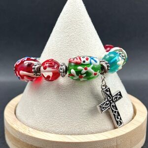 Christmas Beaded Bracelet Lampwork Glass Cross Charm Stretch Holiday